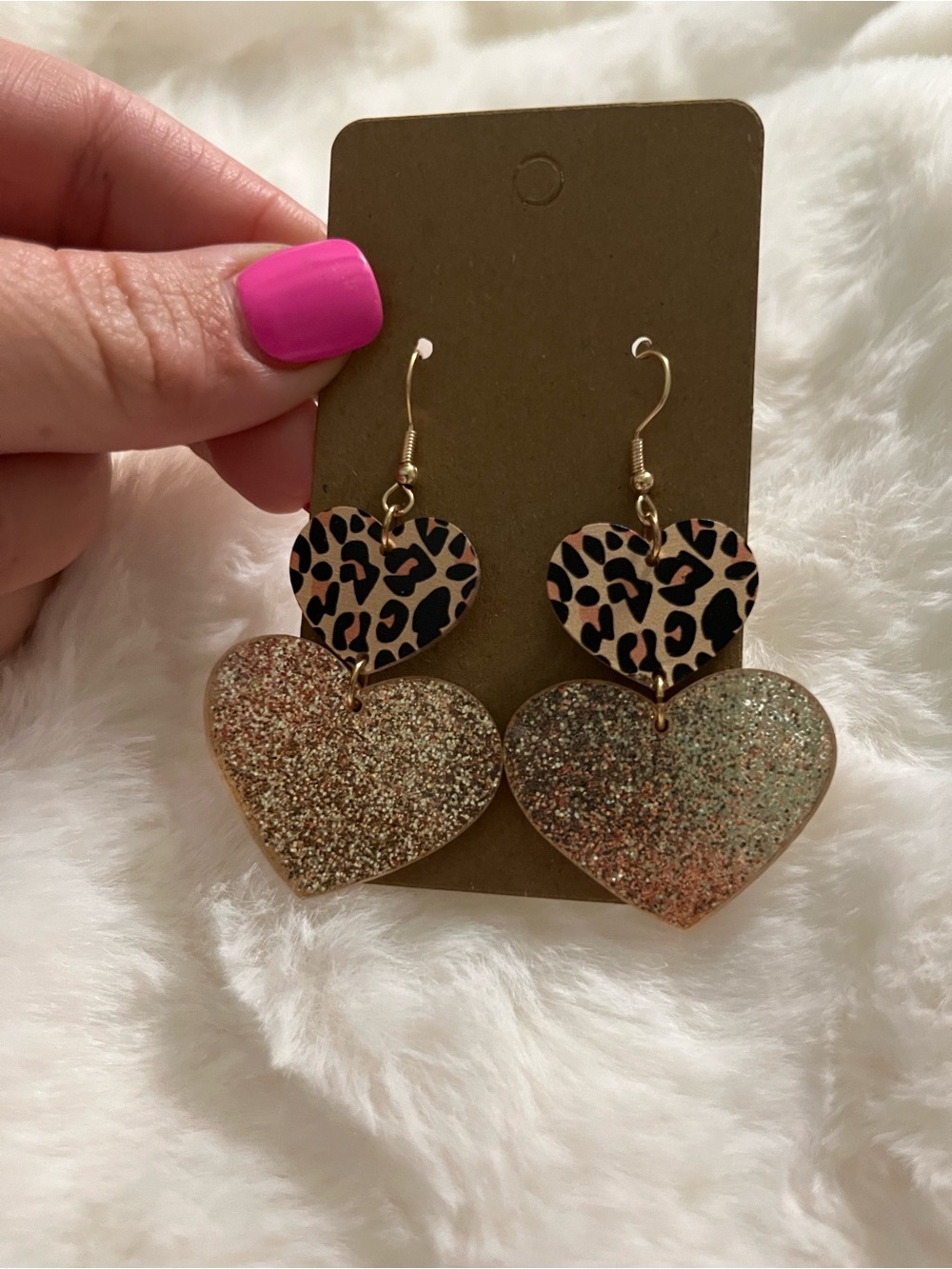 Gold Glitter & Leopard Heart Dangle Earrings - Women Jewelry